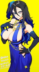 1girls big_breasts black_gloves blue_eye breasts dress gloves grey_eye heterochromia huge_breasts jewelry kusi_zaki light-skinned_female light_skin simple_background tagme tagme_(character) yellow_background