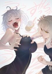 2girls big_breasts blush breast_envy breast_grab cleavage closed_eyes cute_fang eyes_closed fangs fate/grand_order fate_(series) groping imizu_(nitro_unknown) jeanne_alter moaning mouth_open multiple_girls open_mouth saber_alter saliva saliva_string screaming sharp_teeth straw sucking_nipples thin_waist white_hair wide_hips yuri