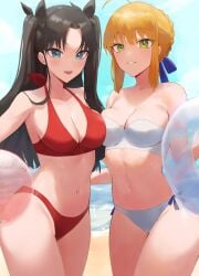 2girls artoria_pendragon beach belly belly_button bikini black_hair blonde blonde_hair breasts fate/stay_night fate_(series) female female_only fully_clothed medium_breasts rororo saber swimsuit thick thick_thighs tohsaka_rin tummy type-moon