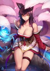 1girls ahri big_breasts cleavage dress female female_only fox_ears high-angle_view league_of_legends light-skinned_female looking_at_viewer magic oopartz_yang smile solo tail thick_thighs yellow_eyes