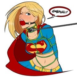 ball_gag blonde_female bondage bound collar crop_top dc dc_comics female female_only femsub fully_clothed gag kara_zor-el kryptonite leash midriff rope sex_slave supergirl superheroine superman_(series) tied_up wossarem