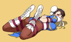 1girls blush blushing blushing_at_viewer bondage brown_hair capcom chun-li clothed clothed_female clothes clothing female female_only fully_clothed gag gagged jam-orbital looking_at_viewer pantyhose restrained rope_bondage solo street_fighter sweat sweatdrop sweating tied_up