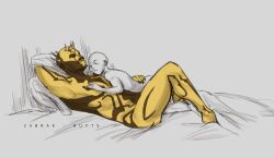 1boy 1boy1girl 1female 1girls 1male 1man 1woman alien ass bald bed blanket butts_art clone_wars color horns muscular muscular_male nude pillow savage_opress size_difference sketch sleeping sleeping_on_person smile star_wars star_wars:_the_clone_wars yellow_body zabrak