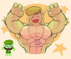 1boy 4_fingers abs anthro bara bear biceps chest_tuft collar ears evil_grin evil_smile flippy flippy_(htf) fliqpy green_body green_fur green_skin happy_tree_friends hat lanopoli looking_at_viewer male military military_hat military_uniform moobs muscular muscular_male no_nipples pecs reference_image stars ursid