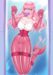 1boy 1male 2022 bondage bound breast_forms bulge corset crossdressing fake_breasts femboy feminization forced_feminization gas_mask jesscatg latex latex_bodysuit latex_suit male mermaid mermaid_tail oxygen_mask pink_eyes pink_hair pink_tail shiny_clothes solo underwater webbed_hands