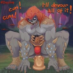 1boy 1male anal ass bakasura_(smite) bara big_dildo blue_skin buffyloop butt cum dildo gay hindu_mythology jockstrap male male_only monster nipples open_mouth outdoors penetration scary see-through sex_toy smite solo solo_male spikes stretched_anus stretching teeth toes tongue_out yaoi