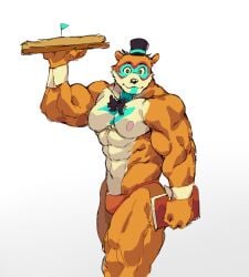 abs alexyz_kun animatronic anthro bara bear belly_button biceps bodypaint bowtie brown_fur bulge five_nights_at_freddy's five_nights_at_freddy's:_security_breach glamrock_freddy_(fnaf) male male_focus male_only mammal muscular muscular_male nipples notebook pizza pizza_box red_thong red_underwear solo speedo tattoo thong top_hat underwear ursid waiter