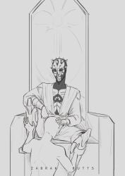 blowjob bodily_fluids body_markings butts_art clothing clothing_aside darth_maul fellatio hand_on_head hand_on_leg horns looking_at_another looking_down oral_penetration oral_sex robotic_legs sex sketch star_wars throne throne_room zabrak