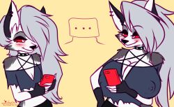 anthro big_breasts blush canon_vs_fanon flat_chest flirting flustered furry goth_girl helluva_boss izzysmut loona_(helluva_boss) thick thick_hips wolf wolf_ears wolf_girl