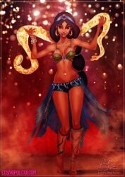 1girls aladdin arabian belly_dancer belly_dancer_outfit bikini_top black_hair brown_eyes dark-skinned_female disney disney_princess female female_only holding_animal isaiahstephens large_breasts long_hair looking_at_viewer microphone navel_piercing princess_jasmine snake solo