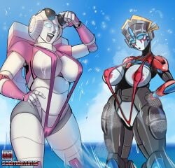 2022 2girls alien alien_girl alien_humanoid arcee arcee_(g1) areola_slip areolae artist_name autobot big_breasts bikini breasts collaboration coombrain15 cybertronian decepticon_insignia dripping female female_only humanoid living_machine looking_at_viewer machine multiple_girls nipples_visible_through_clothing open_mouth robot robot_girl robot_humanoid sea sling_bikini slingshot_swimsuit smiling smiling_at_viewer sunglasses sunglasses_on_head swimsuit thick_thighs transformers transformers_g1 wet windblade zestysauce