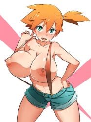 1girls alternate_breast_size big_breasts erect_nipples female female_only hand_on_hip huge_breasts kasumi_(pokemon) light-skinned_female looking_at_viewer orange_hair pink_nipples pokemon rivyk short_shorts simple_background smile solo suspenders suspenders_pull tomboy topless