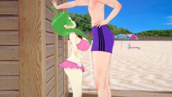 1boy 1girls 3d ahoge alternate_breast_size alternate_costume beach beach_chair bikini blush braids female fire_emblem fire_emblem_awakening flirt flirting green_hair hand_on_wall height_difference imminent_sex large_breasts looking_up male manakete nah_(fire_emblem) nintendo nipples outdoors parasol pink_bikini pink_swimsuit pointy_ears purple_eyes purple_swimsuit rhcpftw robin_(fire_emblem) robin_(fire_emblem)_(male) short_stack shortstack skirt sky swim_trunks swimsuit trees