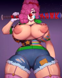 1girls 2d absurd_res areolae baseball_bat big_breasts cloudy_claudia clown clown_girl clown_makeup clown_nose commission curly_hair female female_only garter_straps hair_over_one_eye inkbuns legwear light-skinned_female light_skin looking_at_viewer narrowed_eyes nipples oc original pale-skinned_female pale_skin pink_hair pink_nipples solo thick_thighs tight_clothing torn_clothes viewed_from_below wide_hips