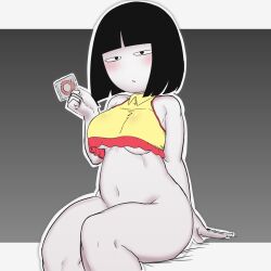 black_hair bottomless condom crop_top female female_only hanako-san hanako-san_ga_kita hanako_(hanako-san_ga_kita) kaxiota looking_at_viewer mob_face navel no_bra no_panties no_pants pale-skinned_female pale_skin short_hair simple_eyes simple_face sitting_on_bed solo solo_female tagme thighs wide_hips