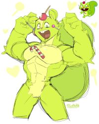 1boy 4_fingers abs anthro bara biceps big_pecs big_tail big_teeth candy caramel colored colored_sketch comedy green_body green_fur green_skin happy happy_tree_friends lanopoli lazy_eye lollipop male male_focus male_only mammal moobs muscular_male no_nipples nutty_(htf) open_mouth pecs pubic_hair_peek sketch smiling squirrel squirrel_ears squirrel_humanoid squirrel_tail