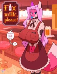 bartender big_breasts blue_eyes breasts comic cottoncandyfox crackiepipe denisse_(crackiepipe) female furry pink_fur pink_hair tagme tavern waitress waitress_uniform