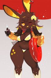 anthro big_breasts bikini breasts brown_body cleavage clothed clothing coca-cola ear_piercing ear_ring female female_anthro furry hi_res kemono kishibe lagomorph leporid mammal no_humans one_eye_closed piercing rabbit ring_piercing solo swimwear tagme thick_thighs wink