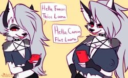 anthro big_breasts flat_chest flirting furry goth_girl helluva_boss izzysmut loona_(helluva_boss) speech_bubble thick thick_hips wolf wolf_ears wolf_girl