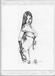 alex_miranda black_and_white black_hair elf elf_ears elf_female large_breasts long_hair original original_character pointy_ears sketch voluptuous