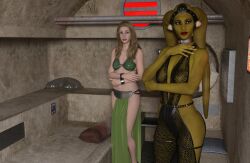 2girls alien alien_girl alien_humanoid belly_dancer belly_dancer_outfit betrayed_to_jabba blonde_hair bracelet brown_eyes dancer dancer_outfit dazinbane female female_only femsub fishnet_bodysuit green-skinned_female green_skin human humanoid light-skinned_female light_skin loincloth long_hair oola original_character slave slave_bikini slave_collar slave_leia_(cosplay) slave_leia_costume slave_outfit slavegirl star_wars submissive_female tay'jang_(dazinbane) twi'lek