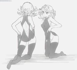 1girls alternate_costume ass covered_nipples curly_hair dress female flat_ass full_body halter_dress mirror monochrome naftosaur no_bra no_panties one-punch_man perky_breasts petite pussy see-through see-through_clothing short_hair small_breasts solo tatsumaki thighhighs