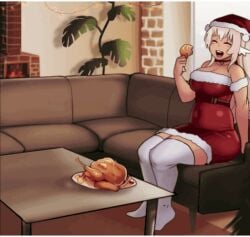 animated belly_button belly_stuffing belt blond_hair choker clothed clothing drink feeding fireplace food huge_belly kipteitei original_character plant ripped_clothing sofa table tagme tagme_(character) weight_gain