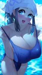 1girls 2022 akari_(pokemon) alternate_breast_size big_eyes blue_eyes blue_hair breasts cleavage competition_swimsuit female female_only headscarf hips horny huge_breasts long_hair nintendo one-piece_swimsuit pokemon pokemon_legends:_arceus smile sumisumii swimsuit thick_thighs thighs wet wet_body wet_breasts wide_hips