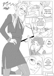 1boy 1futa 2d 2d_(artwork) 5koma ambiguous_futa black_and_white clothing comic dialogue female final_fantasy final_fantasy_viii futanari glasses hand_on_hip human intersex male monochrome oo_sebastian_oo quistis_trepe short_skirt teacher teacher_and_student text tied_hair