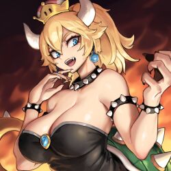 1girls big_breasts blonde_hair blue_eyes bowsette corset crown female female_only light-skinned_female mario_(series) new_super_mario_bros._u_deluxe nintendo oopartz_yang sideboob solo solo_female tail