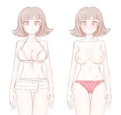 bikini bikini_bottom bikini_top blush breasts danganronpa danganronpa_2:_goodbye_despair exposed_breasts female_only large_breasts liveactors nanami_chiaki panties straight_hair topless topless_female underwear