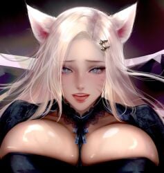 1girls ahri blonde_female blonde_hair blue_eyes breasts female female_only fox_ears heart-shaped_pupils huge_breasts k/da_ahri k/da_all_out_ahri k/da_all_out_series k/da_series league_of_legends light-skinned_female lohel looking_at_viewer solo