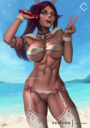 1girls amber_eyes beach bikini bleach dark-skinned_female evandromenezes fit_female garter_belt large_breasts microphone peace_sign purple_hair seaside shihouin_yoruichi