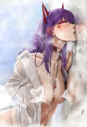 1girls absurd_res akuma_nihmune bathing bathrobe blush breasts choker female female_only heart heart-shaped_pupils heart_ring heart_ring_choker heart_tattoo indie_virtual_youtuber licking licking_wall long_hair looking_at_viewer marking_below_eyes necklace o-ring o-ring_choker pink_eyes purple_hair rain_prophet shirt solo solo_female succubus tattoo tattoo_under_eye virtual_youtuber voluptuous wet_clothes