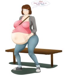 brown_hair hand_on_own_stomach large_breasts life_is_strange max_caulfield mr-jolted obese pink_shirt pregnant unbirthing unborn_kicking vore