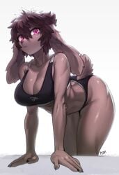 anthro big_breasts bini_(woobin94) bra breasts cleavage clothing female fur furry furry_only lagomorph no_humans panties pink_eyes rabbit rabbit_ears rabbit_tail schewiener solo sports_bra tagme