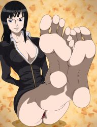 1girls artist_request barefoot big_feet black_clothing black_hair blue_eyes bondage feet female female_only foot_fetish foot_focus leather_minidress looking_at_viewer nico_robin one_piece solo solo_female tied_up