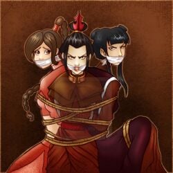 3girls 77shaya77 afraid angry avatar_the_last_airbender azula back_to_back black_hair bondage bound braid brown_hair captured cloth_gag clothed clothing female female_only fire_nation fully_clothed gag gagged glaring hair_ornament human long_hair looking_at_viewer mai_(avatar) midriff multiple_girls rope_bondage sad small_breasts straight_hair teenage_girl teenager tied_up trio ty_lee