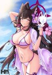 absurdres animal_ear_fluff animal_ears bikini blue_archive breasts brown_hair collarbone female female fox_ears fox_girl fox_mask halo highres holding holding_mask large_breasts licking_lips long_hair mask navel purple_bikini purple_eyes sd56sd456 smile solo swimsuit tongue tongue_out very_long_hair wakamo_(blue_archive) wakamo_(swimsuit)_(blue_archive)