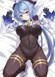 ahoge bangs bare_shoulders bed_sheet bell black_legwear black_leotard blue_gloves blue_hair blush bodystocking bodysuit bow breasts cameltoe covered_navel detached_sleeves eyebrows_visible_through_hair female female full_body ganyu_(genshin_impact) genshin_impact gloves gluteal_fold goat_horns high_heels horns kagemi leotard leotard_under_clothes light_smile long_hair looking_at_viewer low_ponytail lying medium_breasts neck_bell on_back red_eyes sidelocks solo thighlet thighs white_sleeves