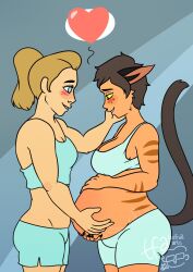 2020 2020s 2girls adora artist_name barely_clothed belly belly_bulge big_belly big_breasts blonde_female blonde_hair blue_eyes blush brown_hair brown_tail canon_couple cat_ears cat_tail catgirl catra claws cleavage female female_focus female_only freckles hand_on_belly hand_on_cheek hand_on_own_belly heart long_hair looking_at_each_other love muscles muscular muscular_female netflix ponytail pregnant pregnant_female she-ra_and_the_princesses_of_power short_hair smile tail tealfruitarts underwear watermark wholesome yellow_eyes yuri