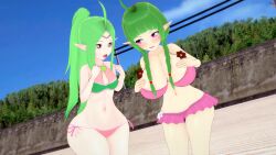 2girls 3d alternate_ass_size alternate_breast_size alternate_costume beach big_breasts bimbo blush braids breasts cleavage clouds female female_only fire_emblem fire_emblem_awakening green_bikini_top green_hair green_swimsuit hips huge_breasts large_breasts manakete mother_and_daughter multiple_girls nah_(fire_emblem) navel nintendo nowi_(fire_emblem) pink_bikini pink_swimsuit pointy_ears ponytail purple_eyes rhcpftw short_stack shortstack side-tie_bikini sky symbol-shaped_pupils thick_thighs thighs trees wide_hips