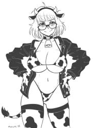 1girls areola areolae bangs bell_collar big_breasts bikini black_and_white blush bones_(studio) bra breasts cow_bell cow_bell_collar cow_bikini cow_bra cow_ears cow_girl cow_gloves cow_panties cow_print cow_print_armwear cow_print_thighhighs cow_tail cowgirl cowgirl_outfit cute elbow_gloves female female_focus female_only full_body glasses gloves godzilla_(series) godzilla_singular_point hands_on_own_hips jacket kamino_mei legwear long_gloves looking_at_viewer mei_kamino mindwipe monochrome orange_(studio) panties planetofjunk short_hair smile smiling smiling_at_viewer sole solo solo_focus tail thick_thighs thighhighs thighs toho toho_(film_company) white_gloves white_legwear