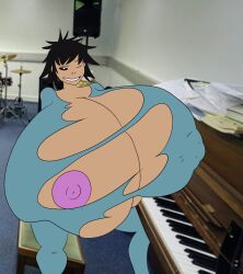 1girls black_hair breast_expansion commission gigantic_breasts gorillaz hi_res huge_breasts hyper letherhands69 massive_breasts noodle_(gorillaz) noodle_(momentary_bliss) pinup short_hair tight_clothing torn_clothes torn_clothing what