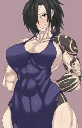 1girls abs apron big_breasts black_hair blushing female_only muscular_female piercings solo tattoos thick_thighs tomboy yuko_mizobuti_(zokusuke) zokusuke