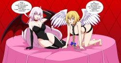 absurdres angel angel_(megami_tensei) blonde_hair bow braid breasts chains collar dialogue fate/apocrypha fate/grand_order fate_(series) female femsub gloves happy_trance heart heart-shaped_pupils heart_eyes human hypnosis jeanne_alter jeanne_d'arc_(fate) jimryu large_breasts leotard long_hair looking_at_viewer love male_pov maledom megami_tensei mind_control multiple_girls multiple_subs open_mouth opera_gloves pale_skin pink_eyes pov pov_dom shin_megami_tensei smile succubus succubus_(megami_tensei) symbol_in_eyes table text thigh_boots tongue tongue_out very_long_hair white_hair wings