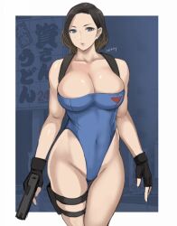 1girls big_breasts blue_eyes blue_leotard bodysuit breasts brown_hair cleavage female firearm gloves handgun handwear human jill_valentine jill_valentine_(julia_voth) leg_holster legwear leotard pale_skin resident_evil resident_evil_3 shibusun short_hair thong_leotard weapon