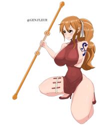 1girls arm_under_breasts big_breasts breasts brown_eyes chinese_clothes crouching dress female female_only genfleur0108 high_heels long_hair nami narrow_waist one_piece orange_hair ponytail qipao solo spread_legs thick_thighs twitter_username white_background wide_hips