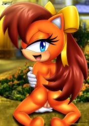 bbmbbf blue_eyes blurred_background blurry blurry_background blush bow brown_hair covering_breasts detailed_background felid feline felis garden gloves half-closed_eyes long_hair manx mobius_unleashed orange_fur palcomix pussy sonic_(series) sonic_the_hedgehog_(series) sonic_x-treme spread_legs tiara_boobowski watermark yellow_bow