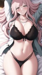 ai_generated arms_behind_back arms_up bead_necklace bed black_lingerie blush bra brown_eyes cleavage danganronpa danganronpa_ultra_despair_girls hagakure_hiroko huge_breasts jacket large_breasts lingerie lips looking_at_viewer lying_on_back milf n.c.b_ai nai_diffusion open_jacket panties pink_hair smile stable_diffusion thick_thighs